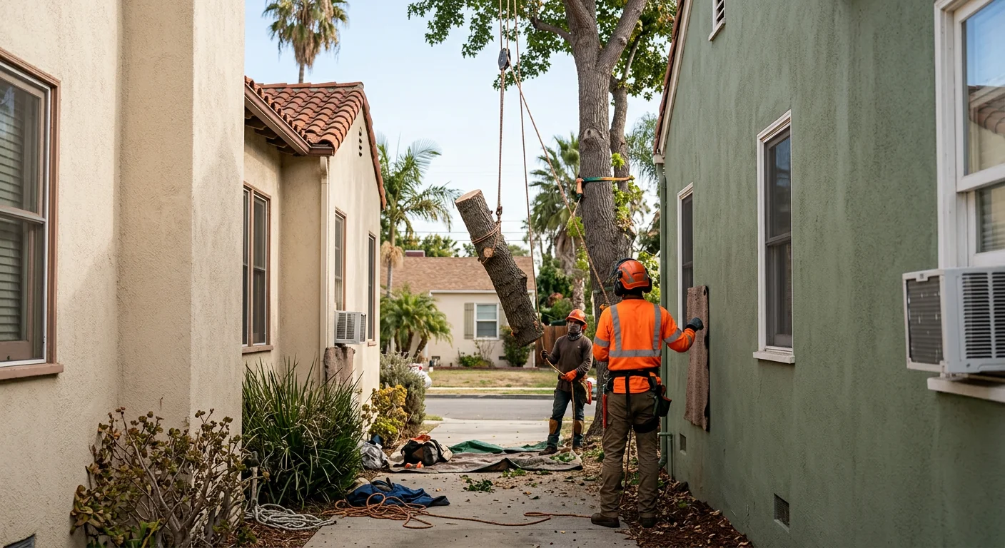 Arborist lowering small tree sections through a narrow side yard between two homes