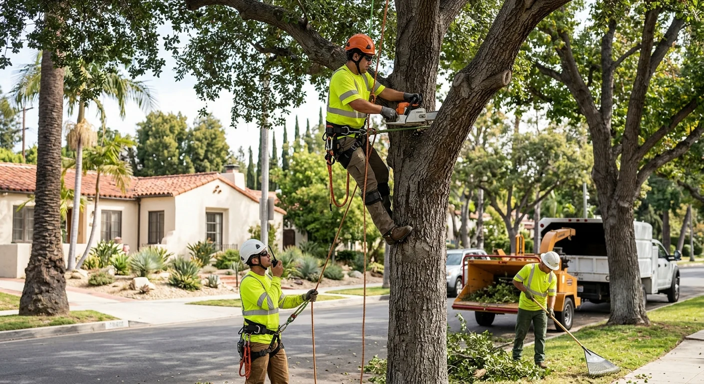 Crew performing controlled tree removal on a Glendale home lot