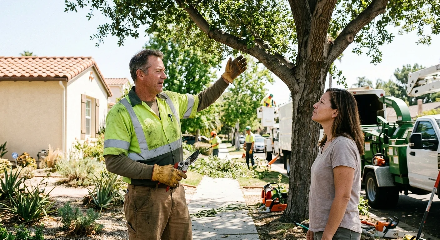 Arborist inspecting a mature backyard tree for structural defects in Glendale