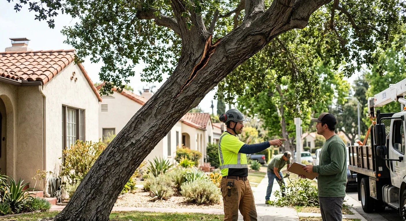 Leaning tree with cracked branch union near a Glendale home foundation
