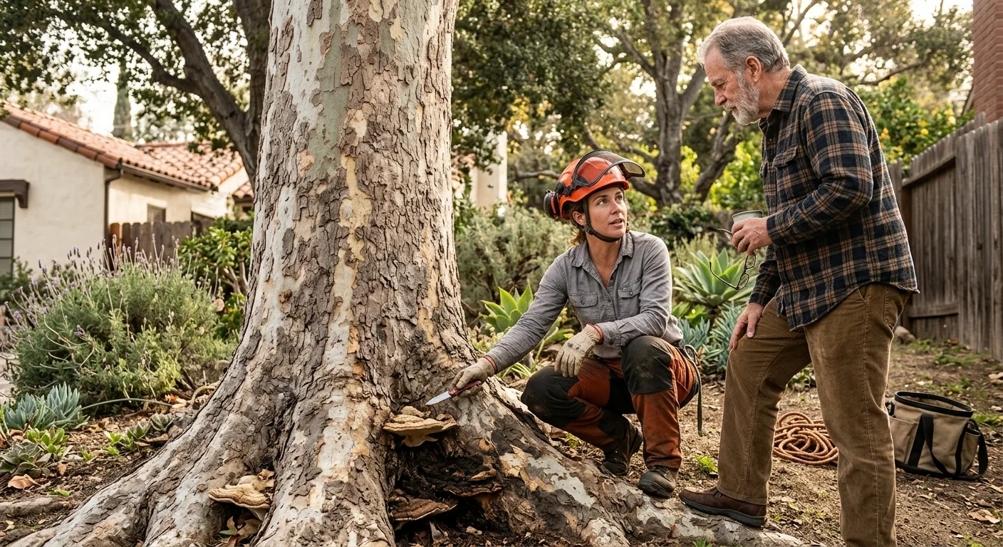 Arborist examining fungal decay at the base of a mature tree
