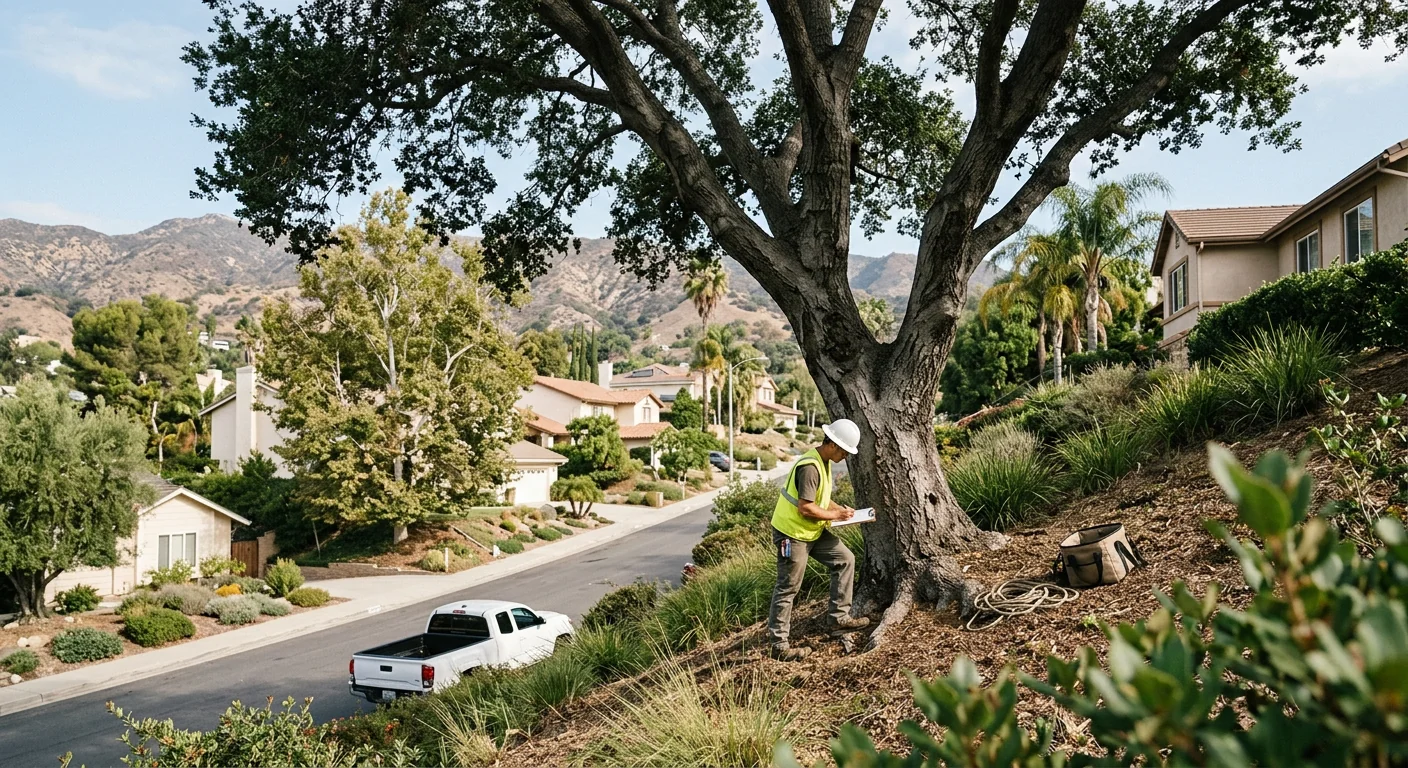 Arborist inspecting a leaning hillside oak on a sloped Glendale residential lot