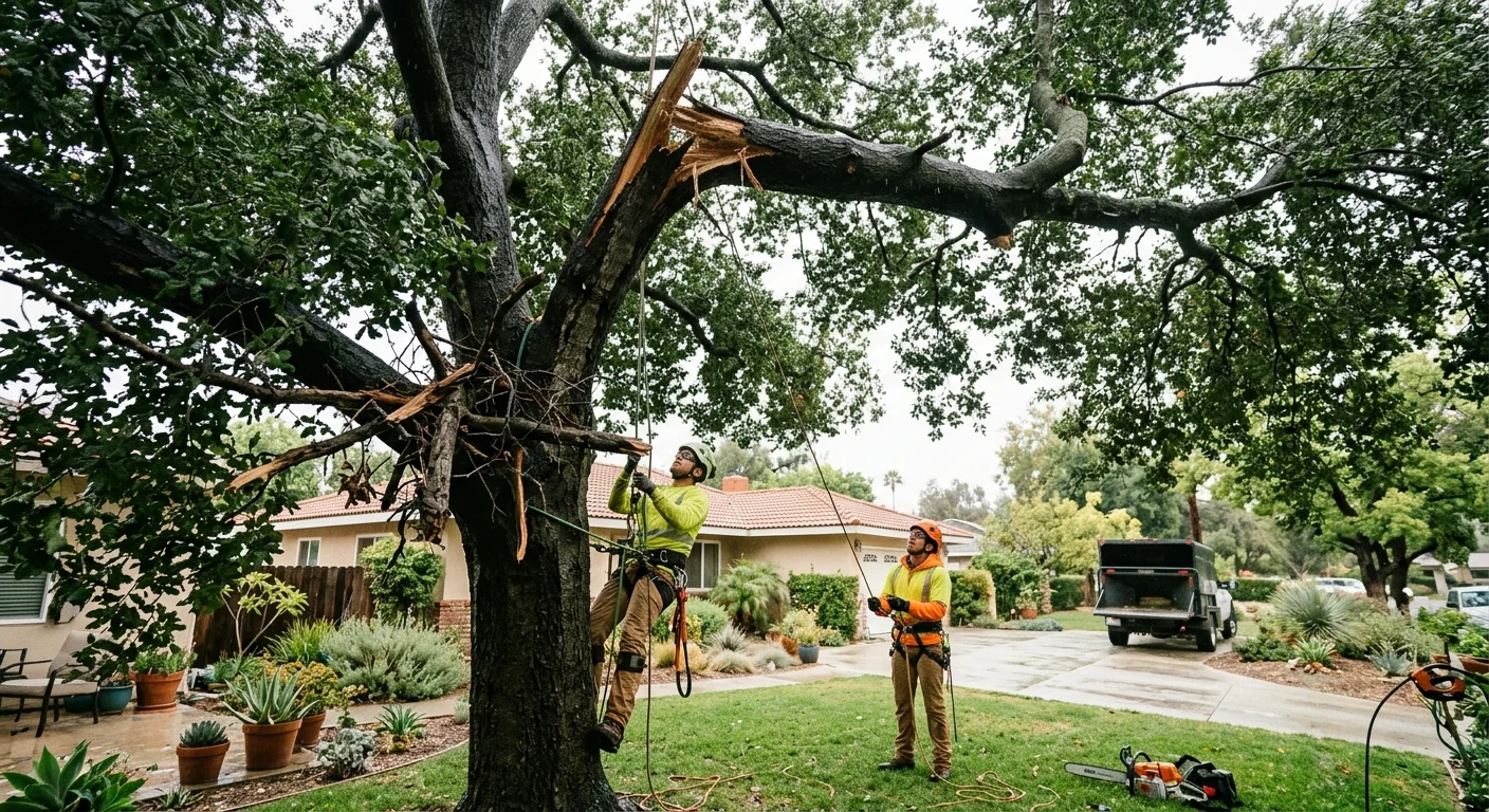 Storm-damaged tree canopy with cracked limbs under review in a Glendale yard