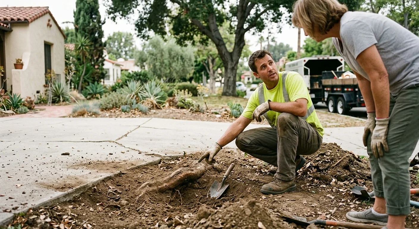 Exposed root zone inspection near a paved area on a Glendale commercial lot