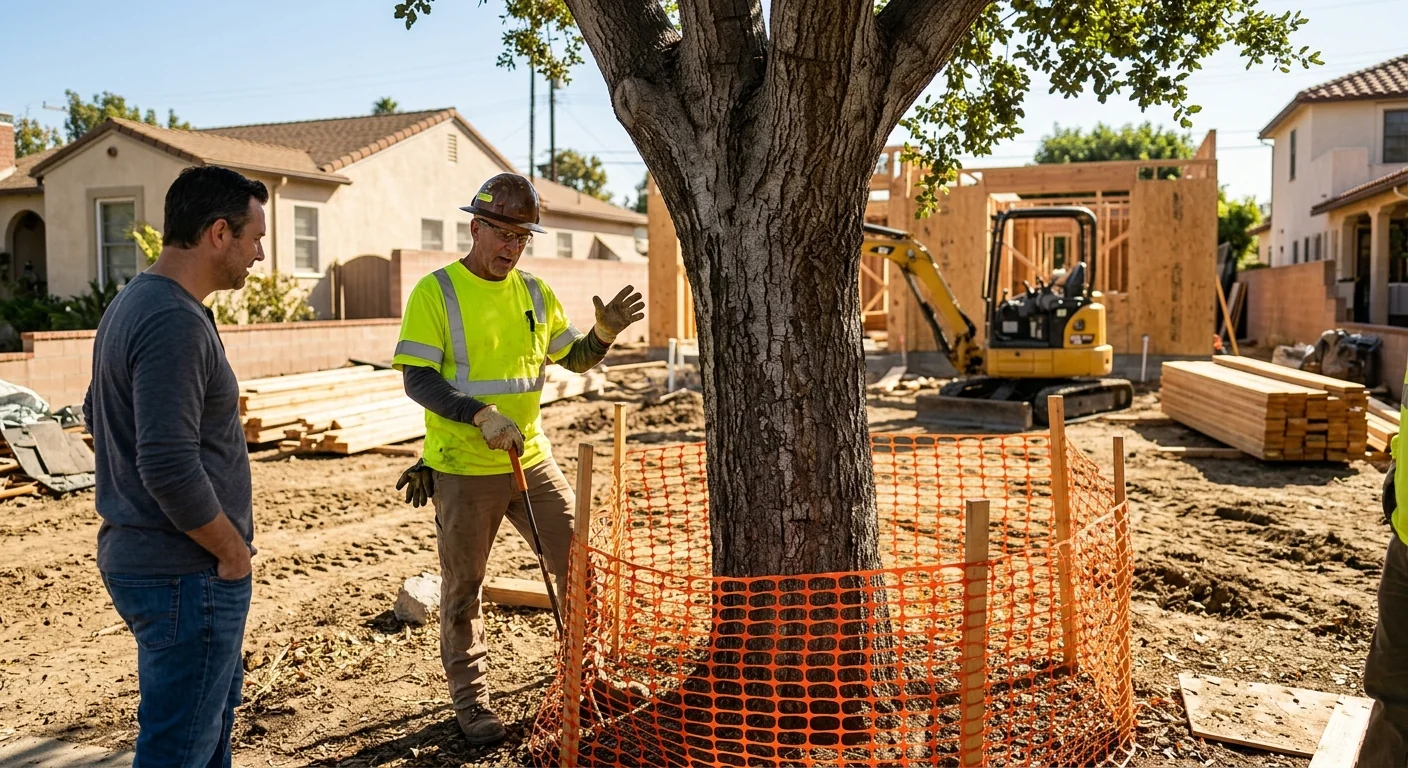 Mature tree with root protection fencing near a Glendale home construction site