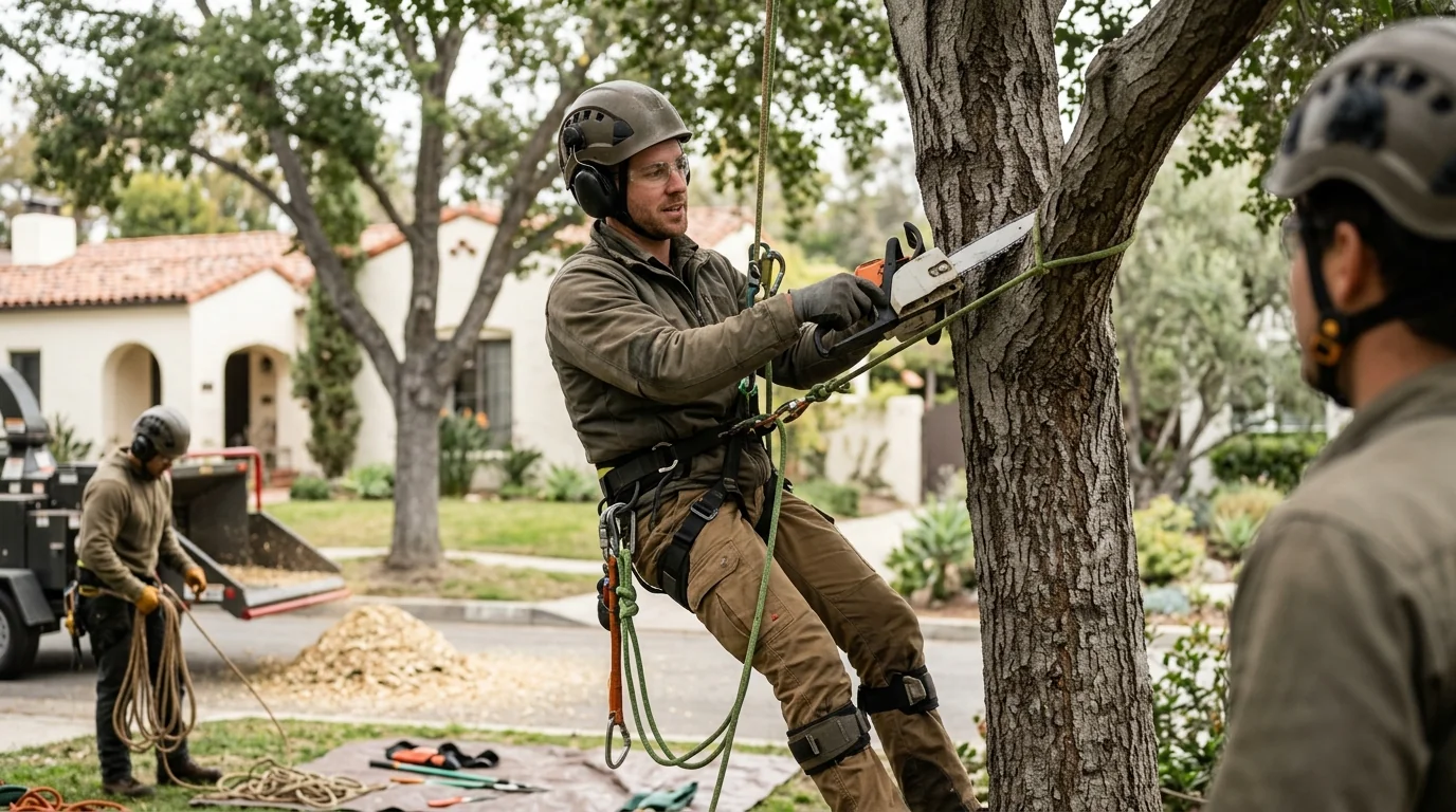 Crew coordinating a scheduled tree trimming visit on a quiet Glendale street
