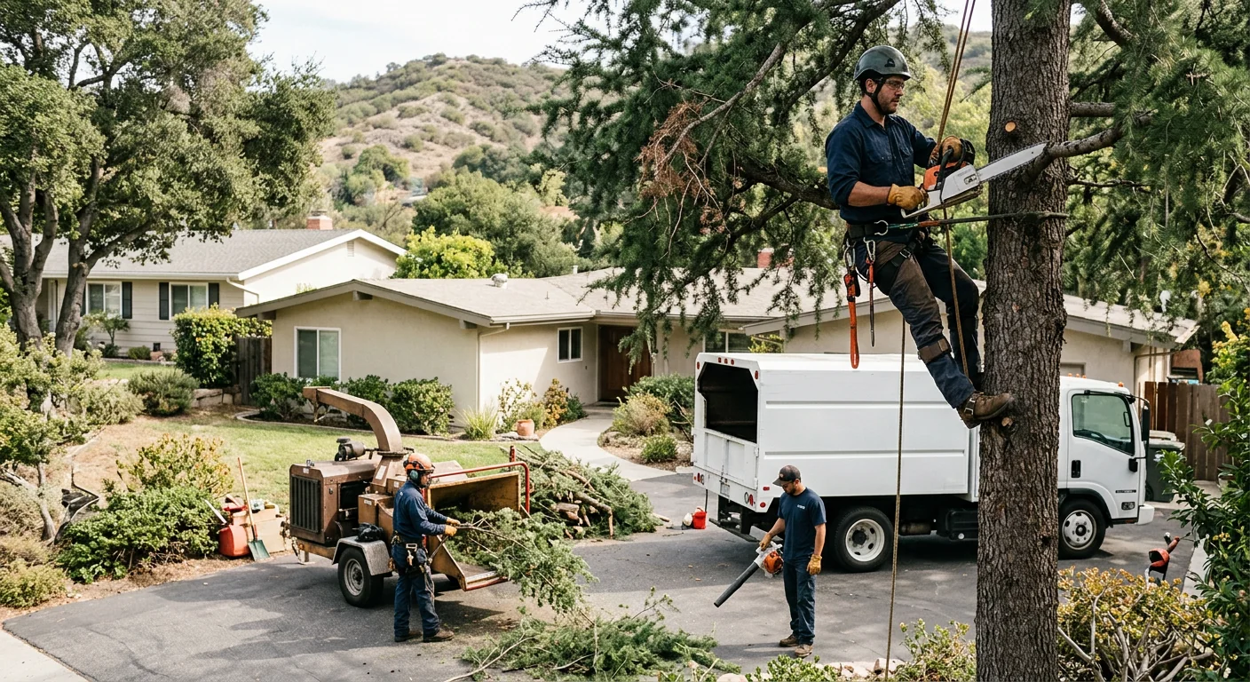 Arborist assessing a large canopy tree in a residential Glendale yard