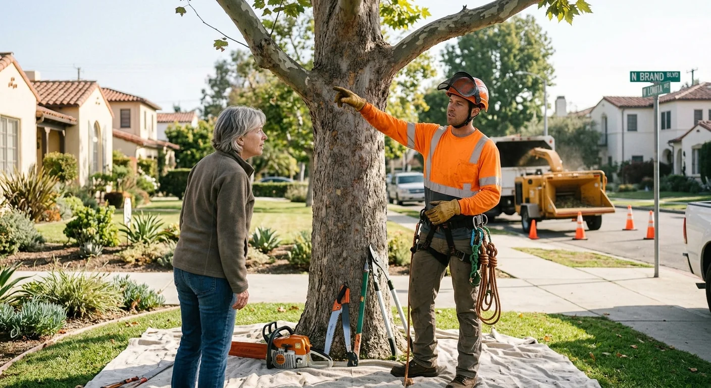 Arborist reviewing a written tree service estimate with a homeowner in Glendale