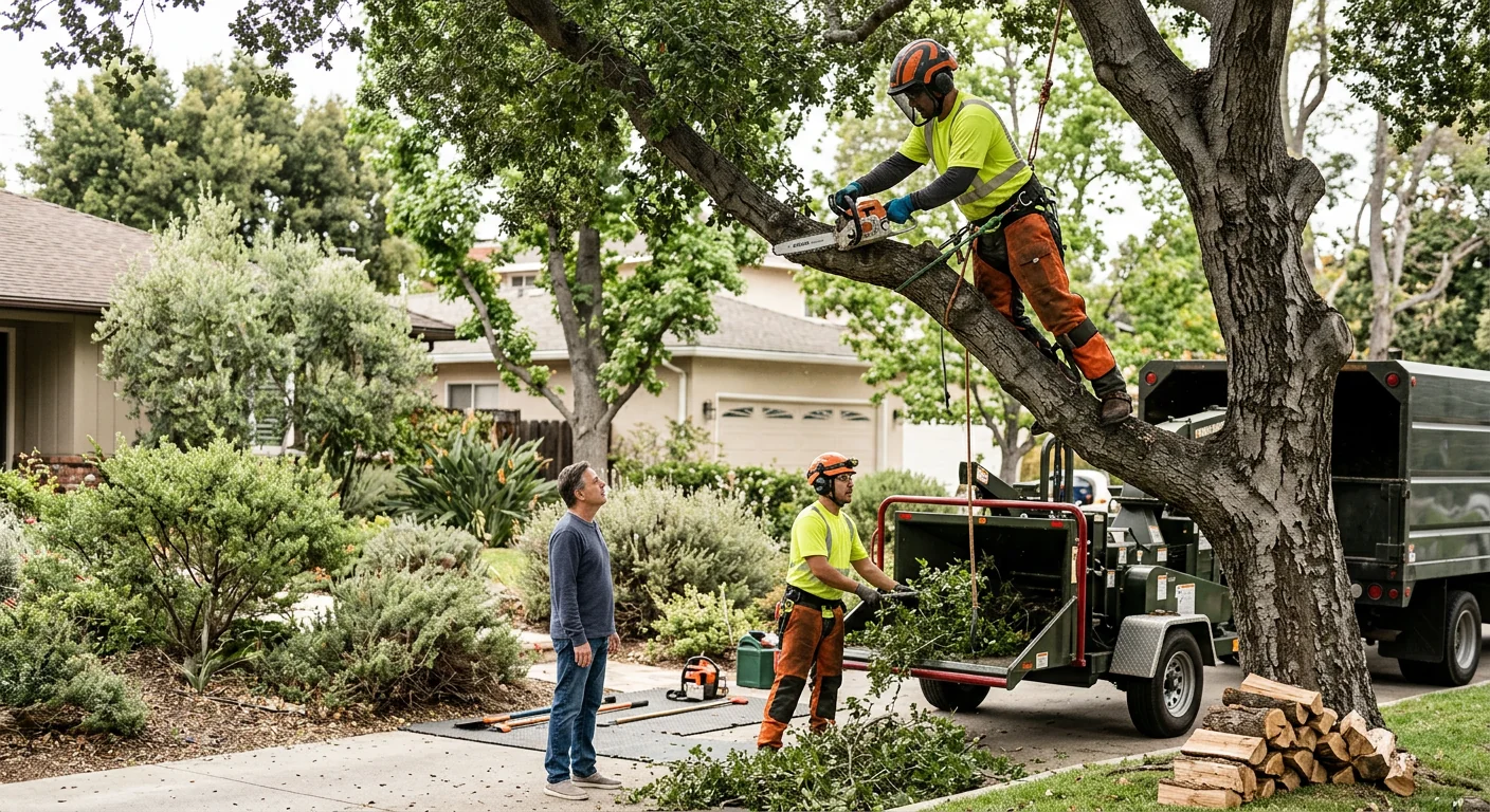 Arborist reviewing a tree care estimate with a homeowner outside a Glendale home