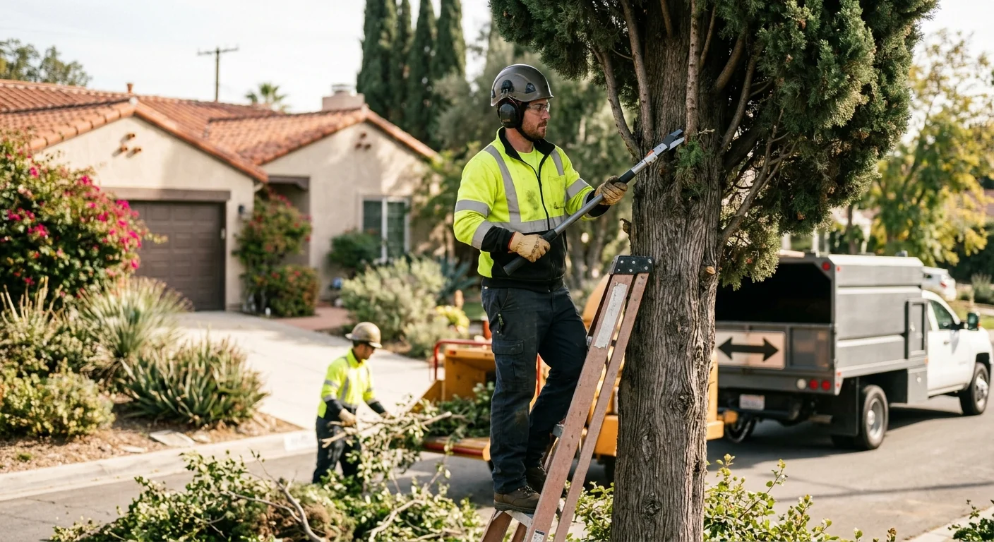 Arborist reviewing a written tree service estimate with a Glendale homeowner in the yard