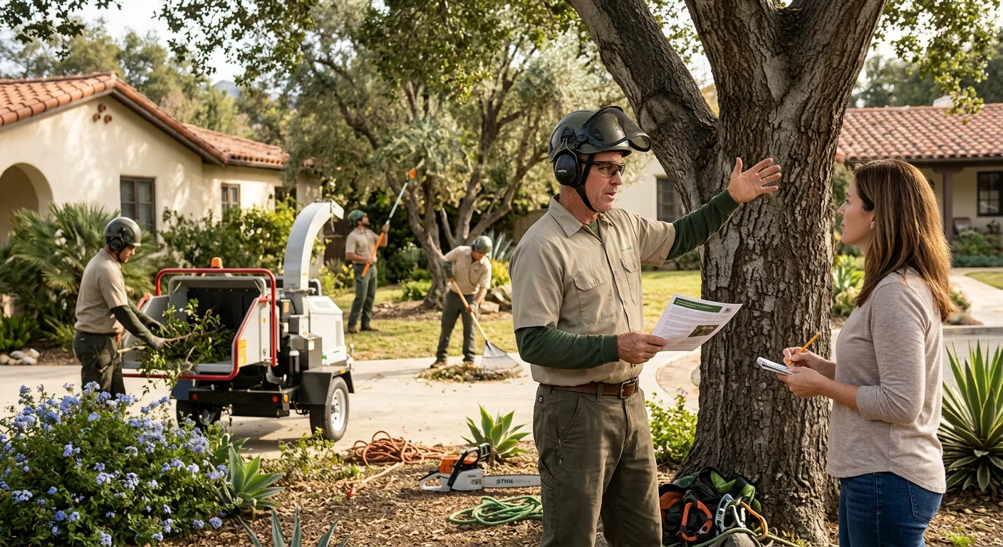Tree service crew reviewing a written estimate with a Glendale homeowner in the yard