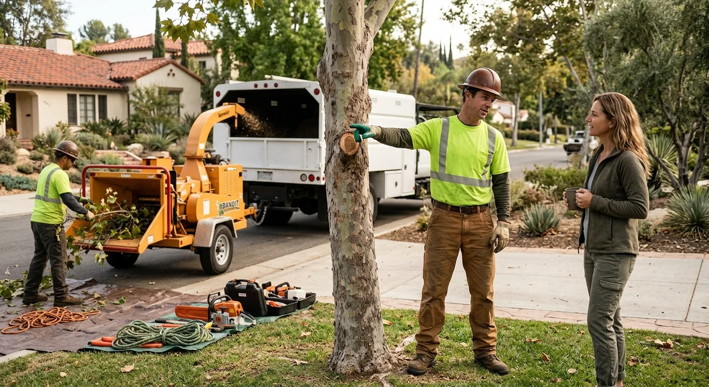 Tree care specialist explaining pruning plan to a Glendale homeowner outdoors