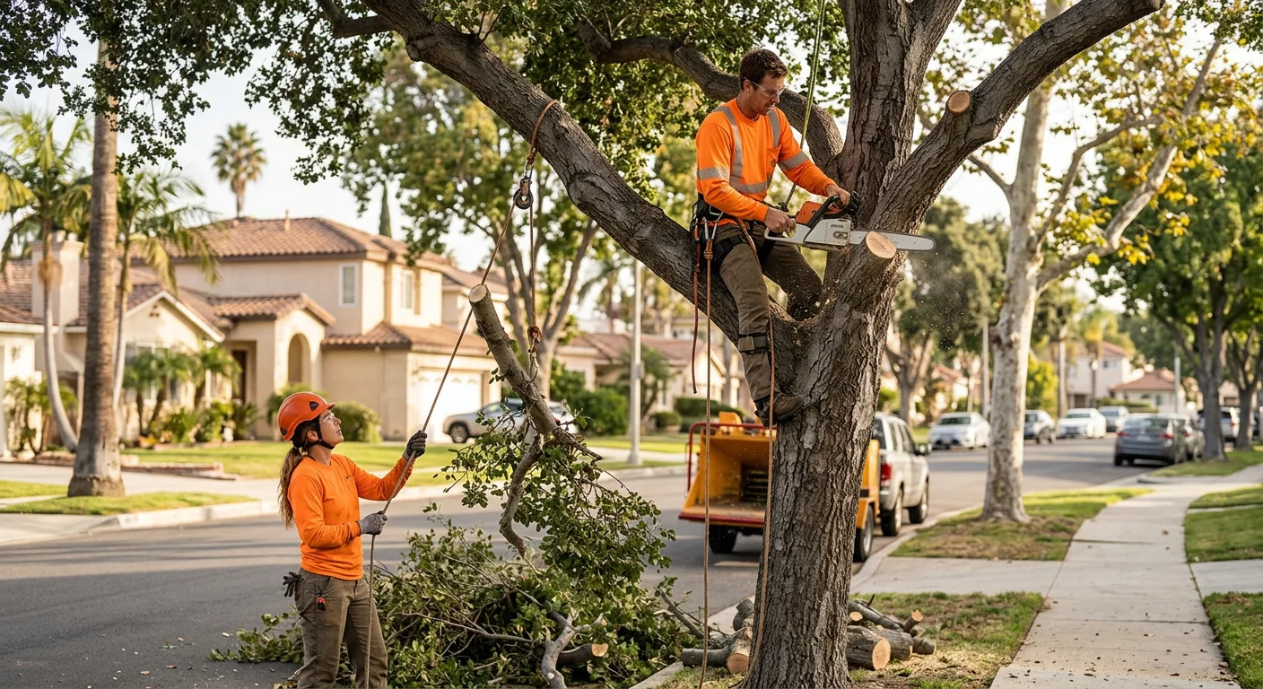 Tree service crew trimming canopy trees on a sloped Glendale property lot