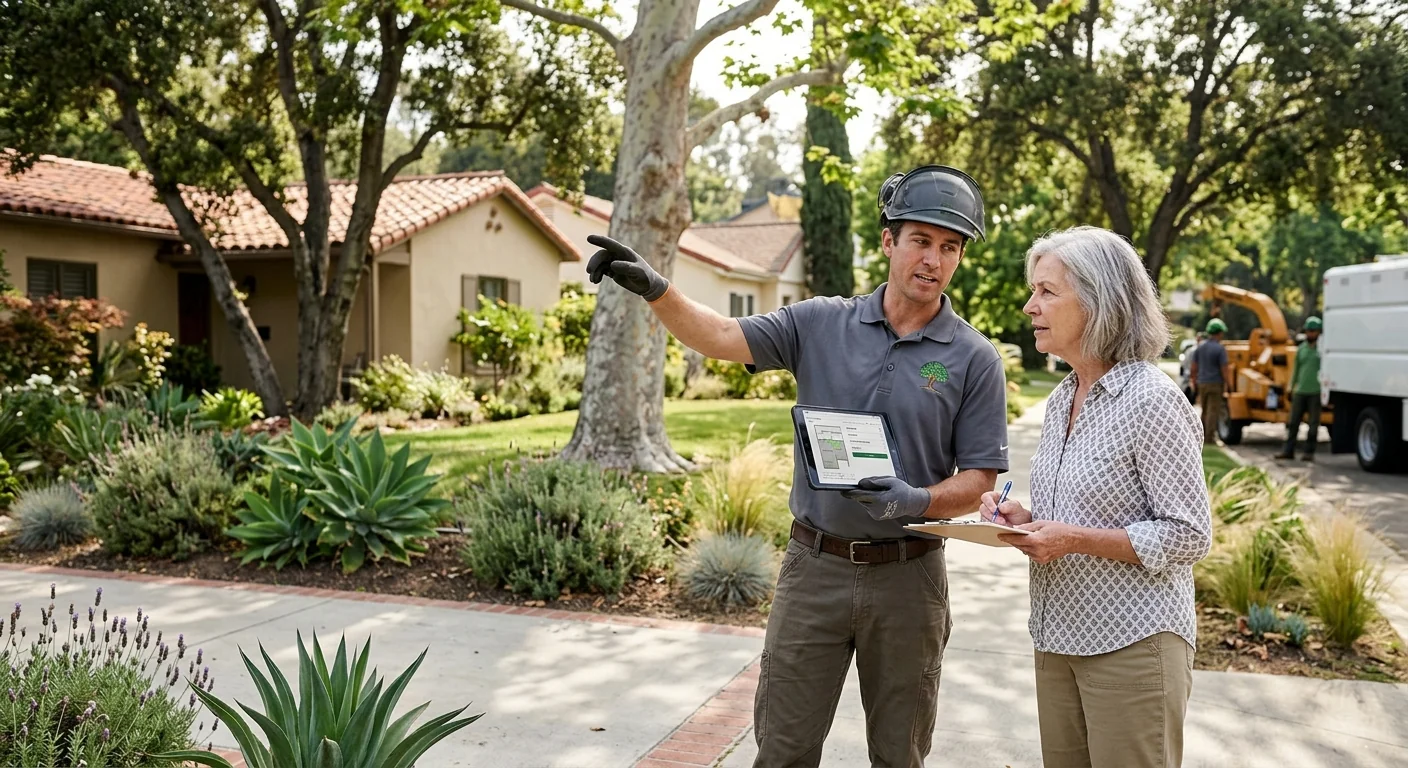 Arborist assessing mature canopy trees in a residential Glendale neighborhood
