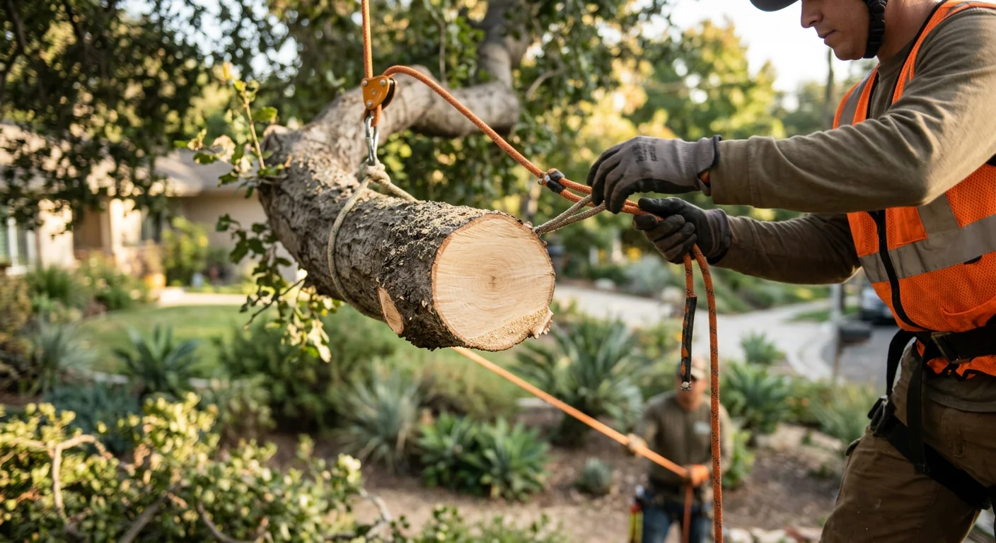 Crew removing storm-damaged limbs from a tree in a Glendale neighborhood