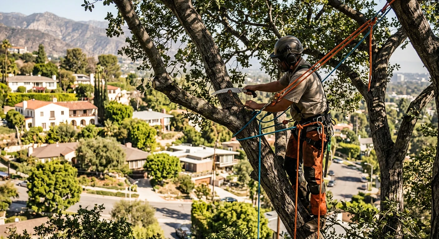 Arborist performing crown reduction high in a mature oak on a Glendale hillside
