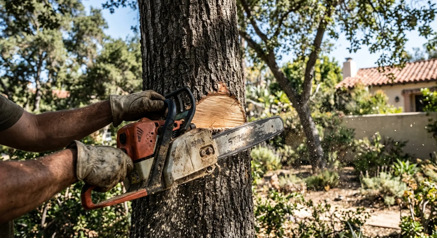 Close-up of a directional felling cut during a tree removal job
