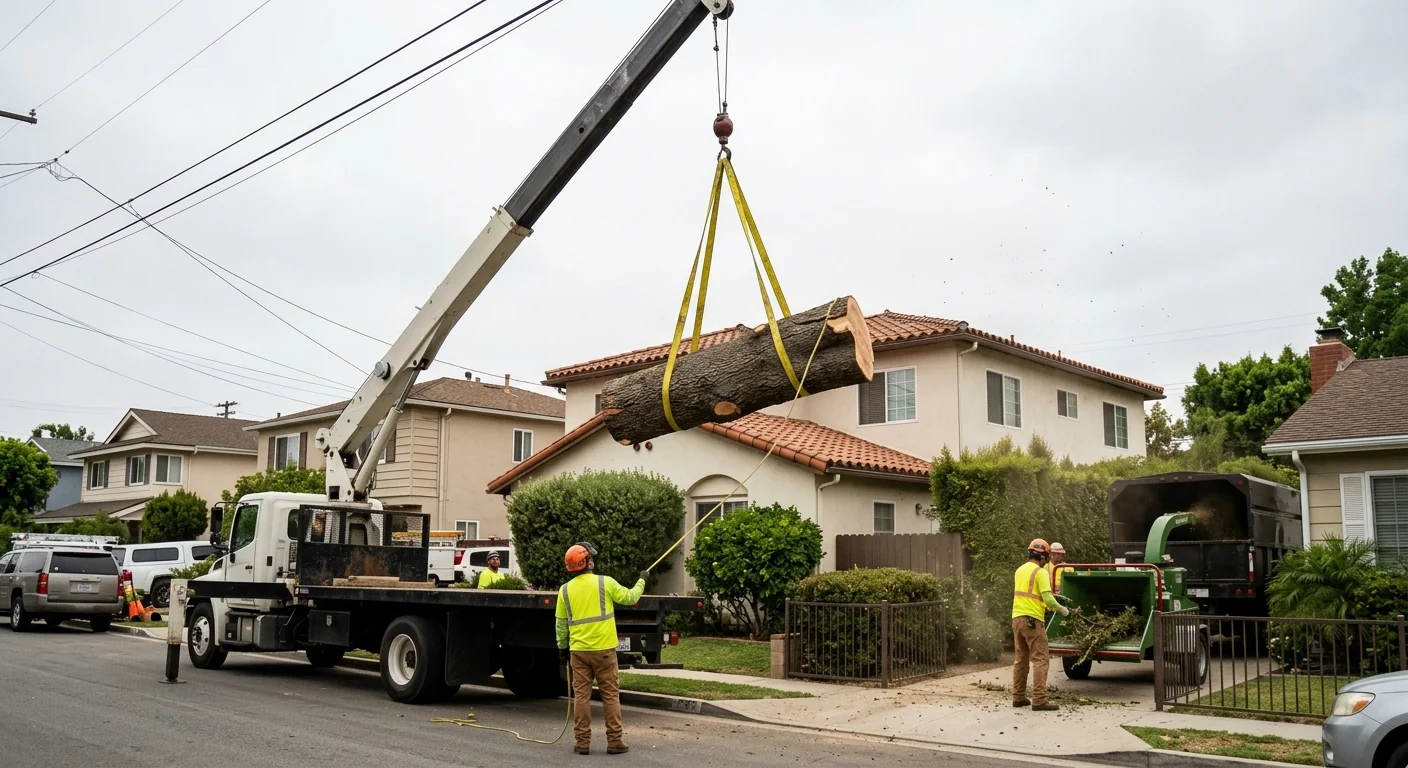 Crane lifting a heavy trunk section during a technical tree removal