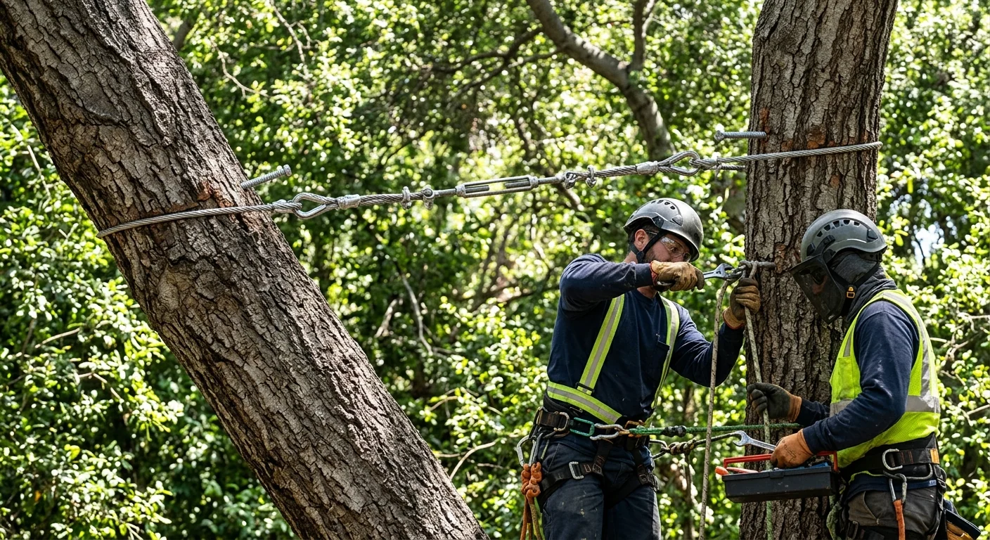 Cabling and bracing hardware supporting a leaning multi-trunk tree