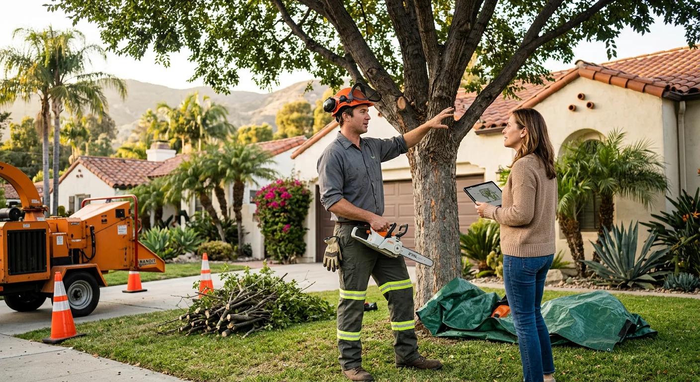 Tree service technician in safety gear inspecting rigging equipment before a Glendale removal