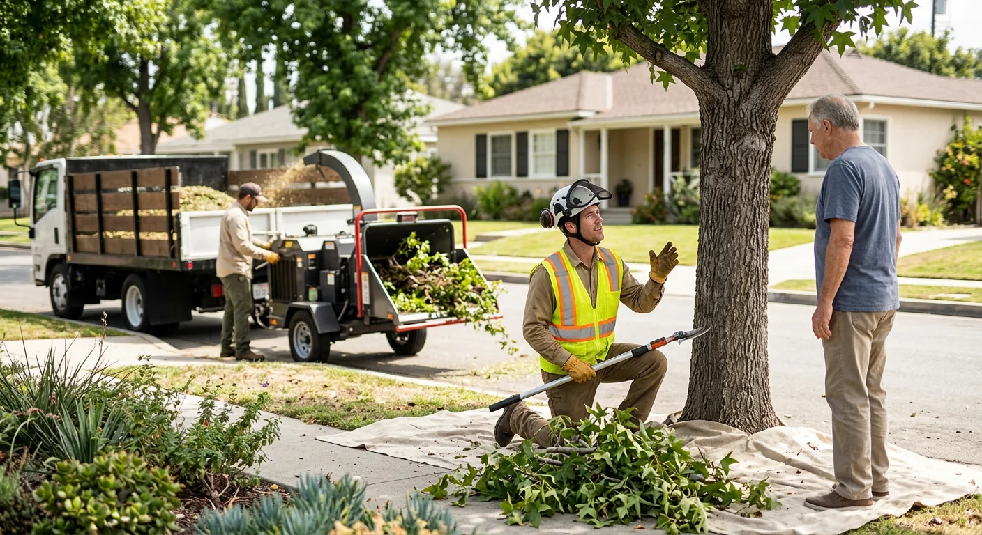 Tree service crew reviewing completed work with a homeowner in Glendale