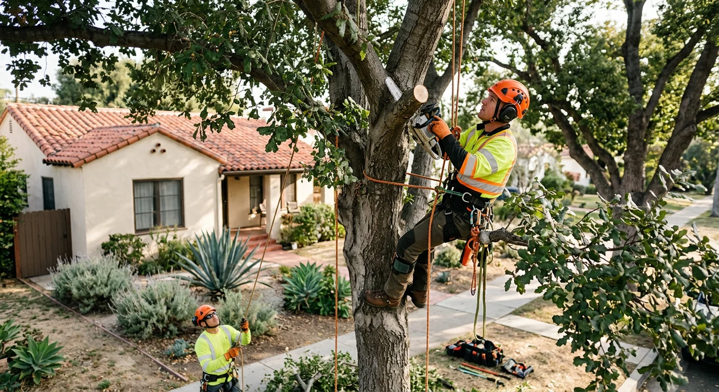 Climber performing careful crown reduction on a tall tree in Glendale