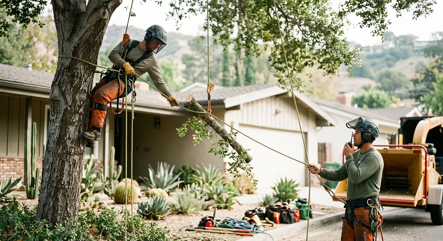 Arborist trimming a tall backyard tree canopy in a Glendale neighborhood