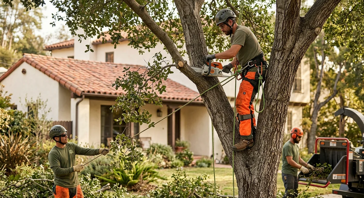 Arborist trimming a mature tree canopy in a Glendale backyard