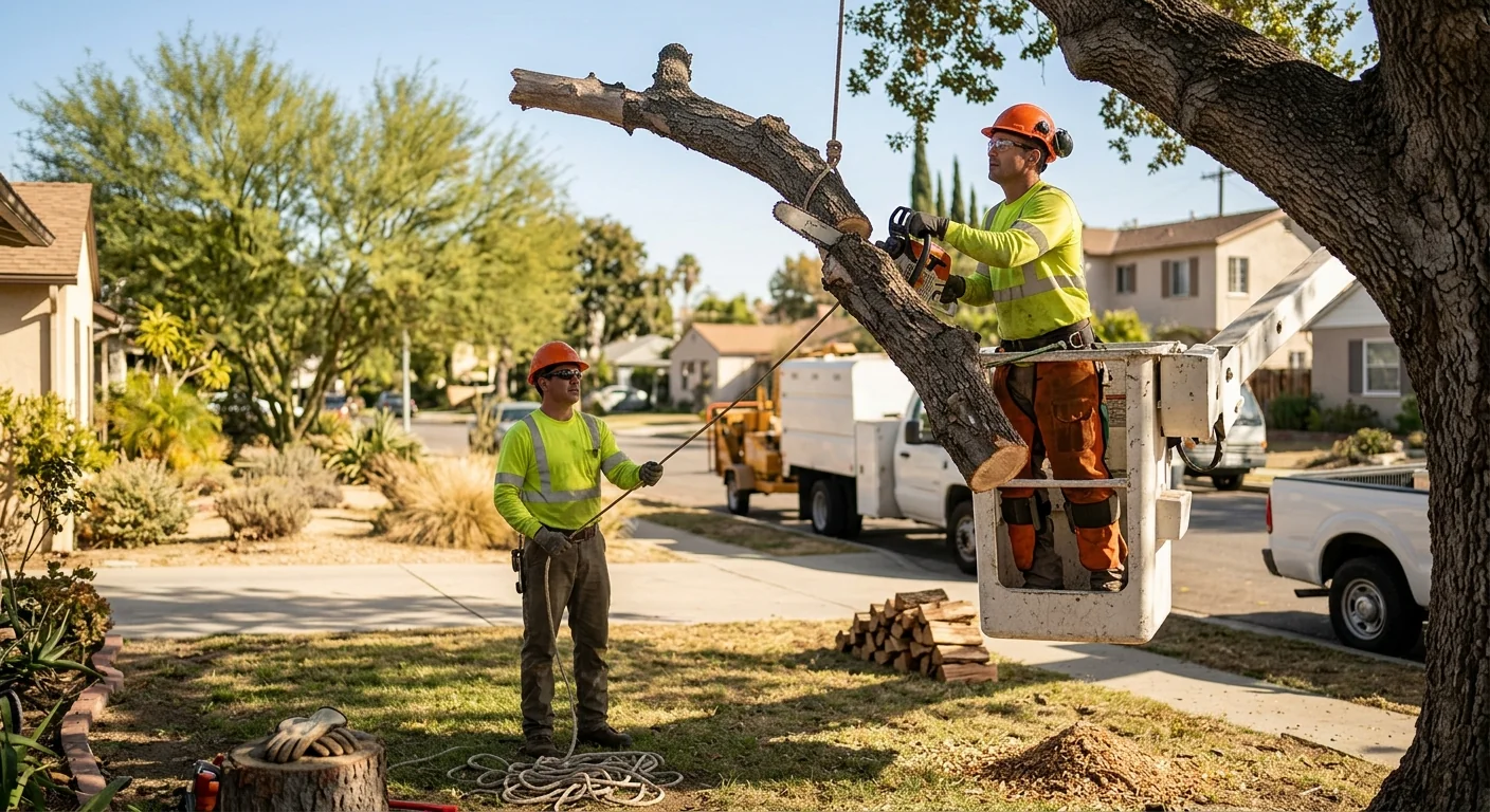 Arborist trimming a mature tree canopy above a Glendale residential yard