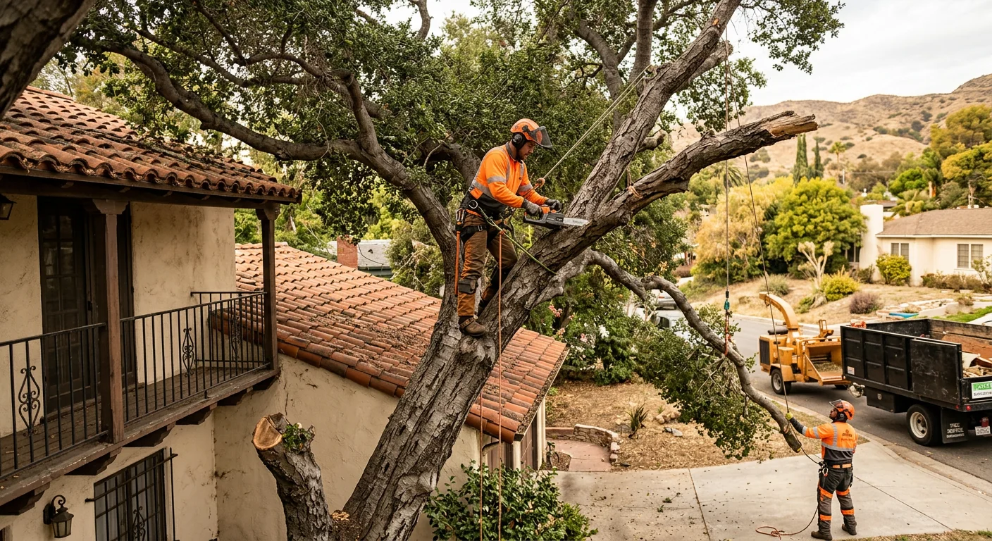 Overgrown tree canopy with deadwood crowding a rooftop in Glendale