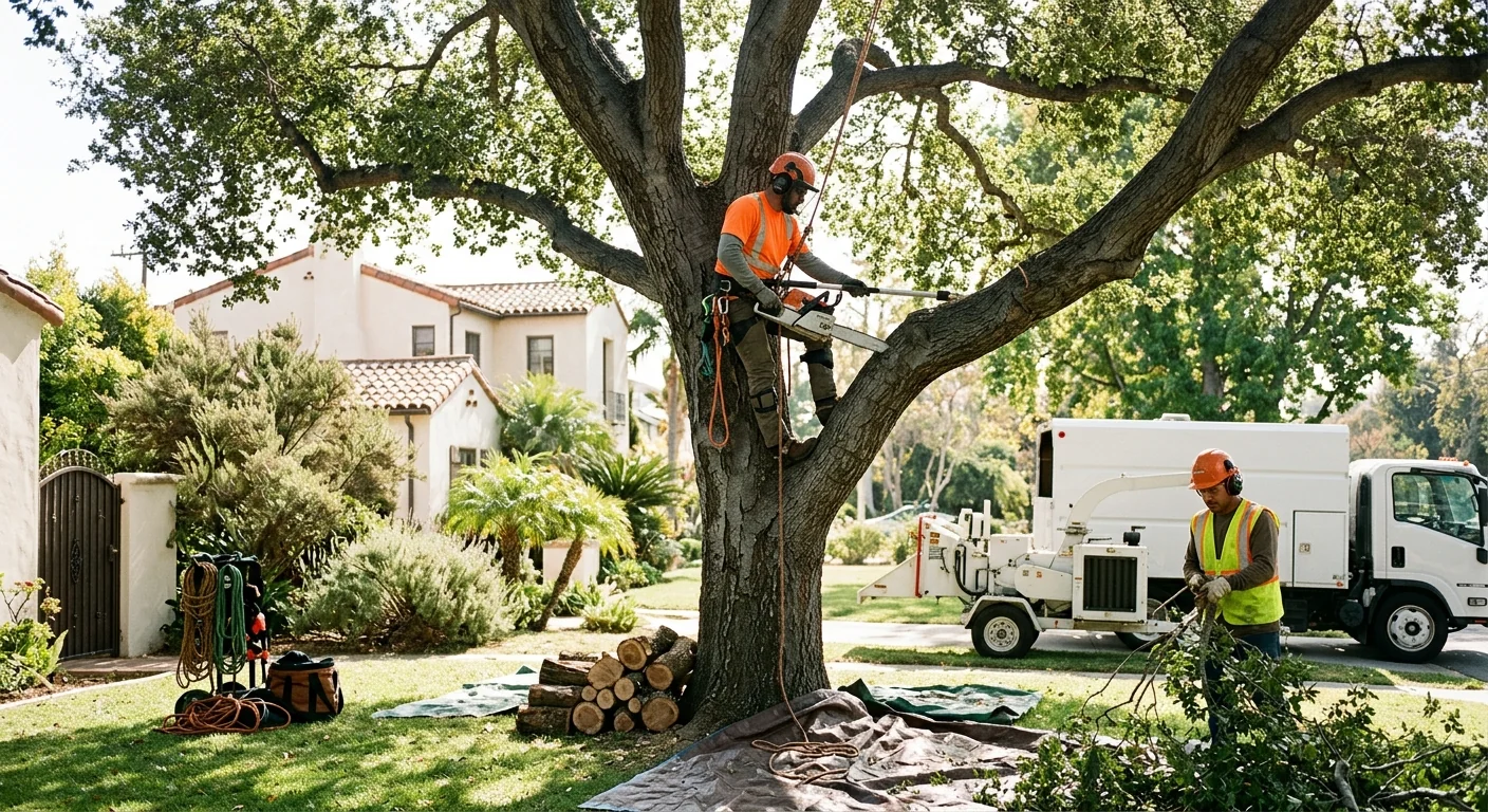 Freshly crown-thinned backyard oak with open canopy in a Glendale residential yard
