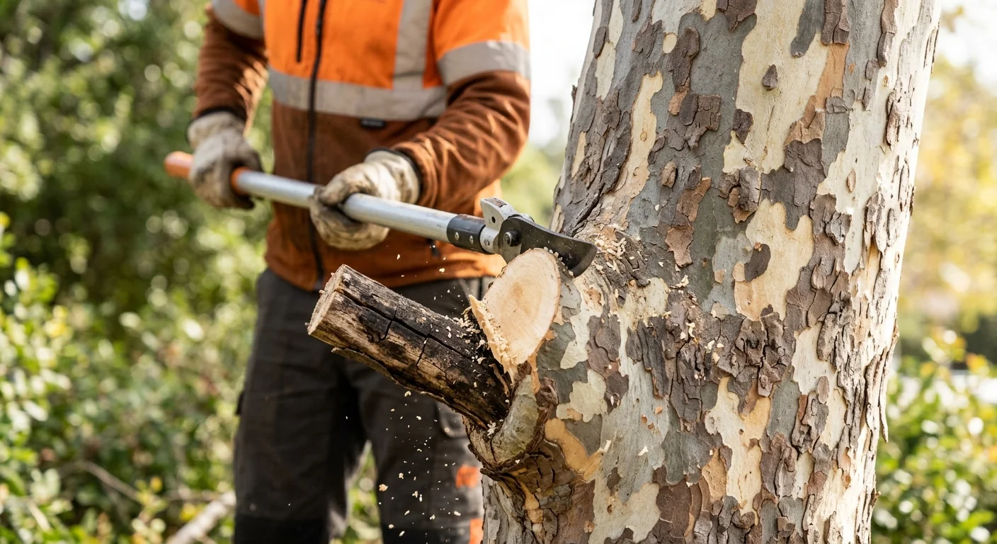 Close-up of a clean pruning cut removing deadwood from a street-facing sycamore