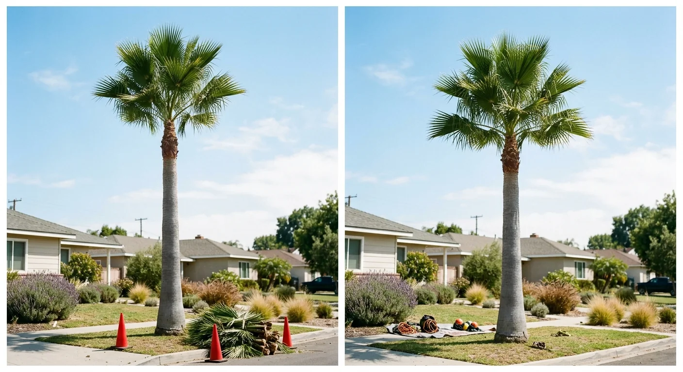 Neatly trimmed palm trees with dead fronds removed along a Glendale property