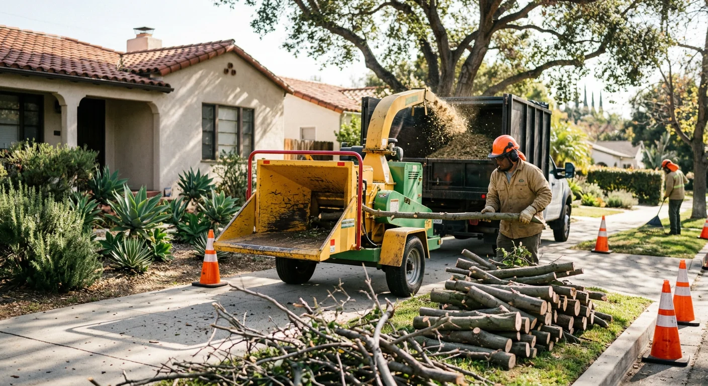 Wood chipper processing trimmed branches during an on-site cleanup visit