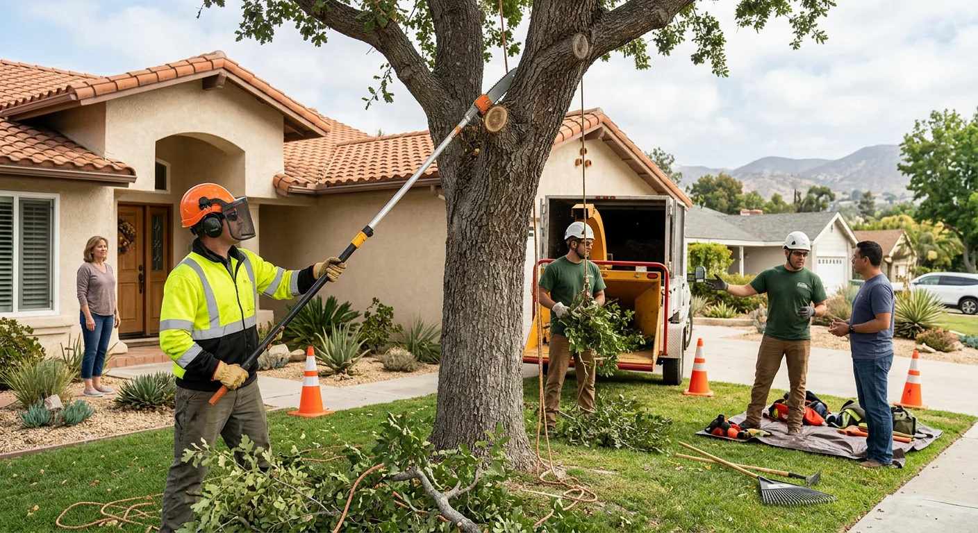Crew shaping a residential tree canopy with careful pruning cuts